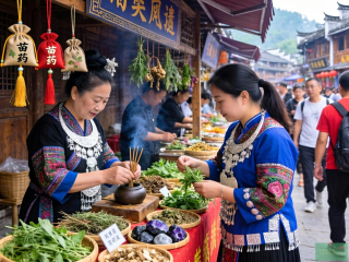 凤凰古城非遗市集，苗药香囊制作体验引游客瞩目