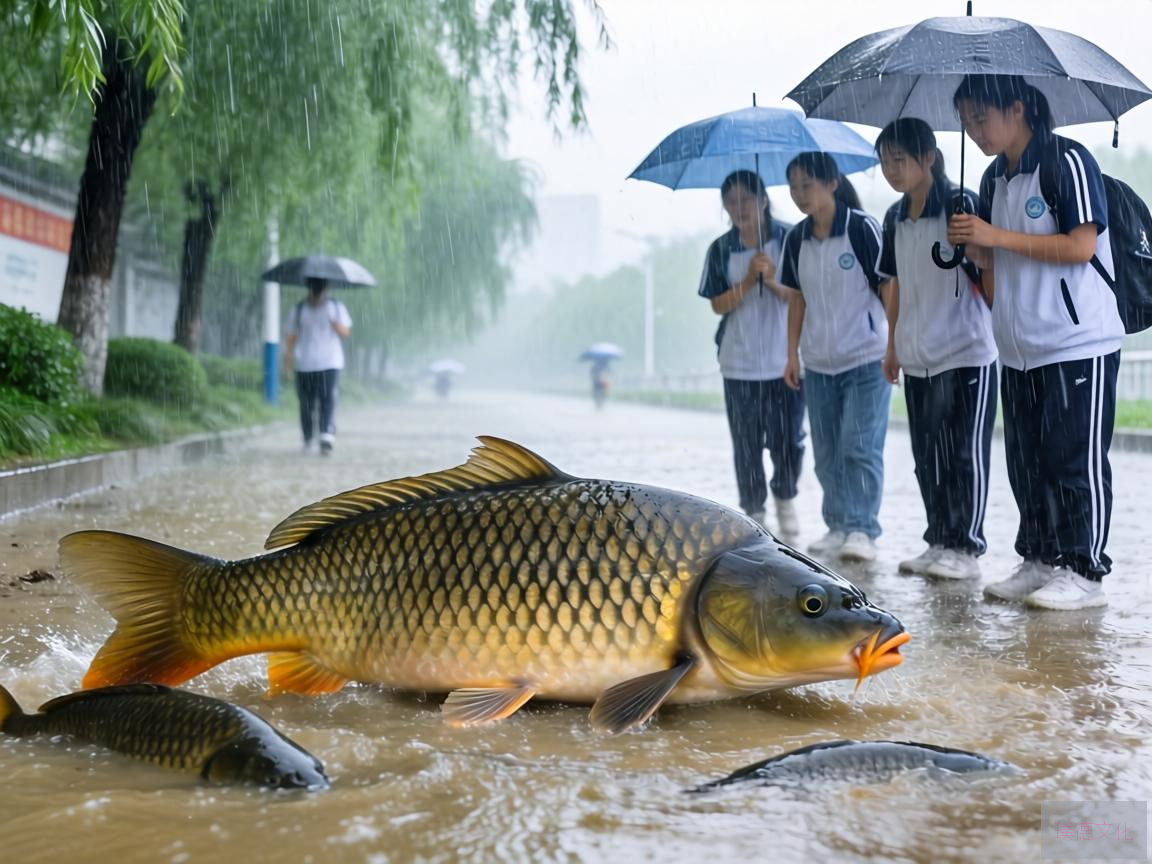 雨后的武汉，空气里弥漫着清新的泥土香，一切都显得格外生机勃勃。近日，武汉一高校附近发生了一件令人称奇的事——一场突如其来的暴雨过后，竟有10斤重的鲤鱼集体上岸，引得周围居民和学生们纷纷驻足观赏