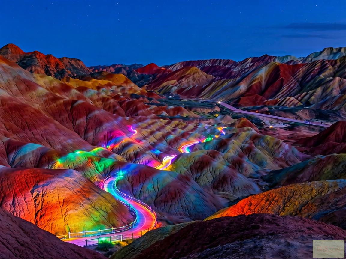 夜幕降临，张掖七彩丹霞披上了神秘的面纱。这片位于甘肃省的地质奇观，在灯光的映照下，色彩斑斓的岩石如同梦幻仙境，诉说着古老的地质故事