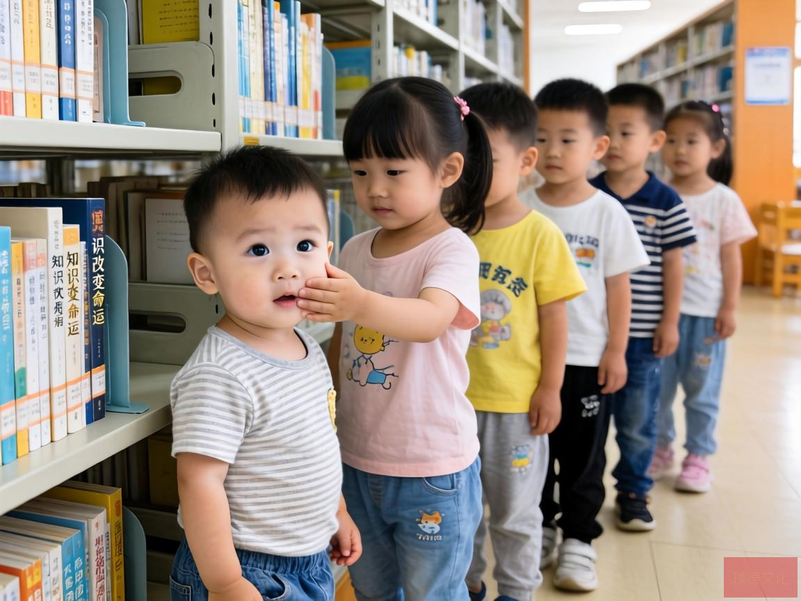 在图书馆的一角，一位一岁的小宝宝吸引了众人的目光。他好奇地环顾四周，眼睛里闪烁着对知识的渴望。此时，一群排队的孩子们正纷纷上前，伸出手轻轻地摸他的小脸